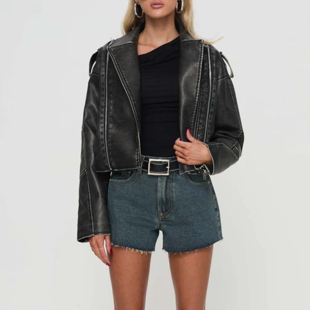 Washed Black Leather Jacket - BELIEVE IN ME FAUX - NWT xs/s - Princess Polly